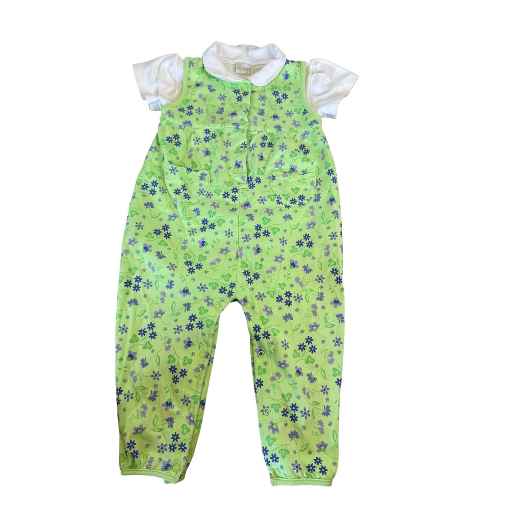Peek A Babe 24M Floral Romper Lime Green Purple Flower Heart Pockets Cotton